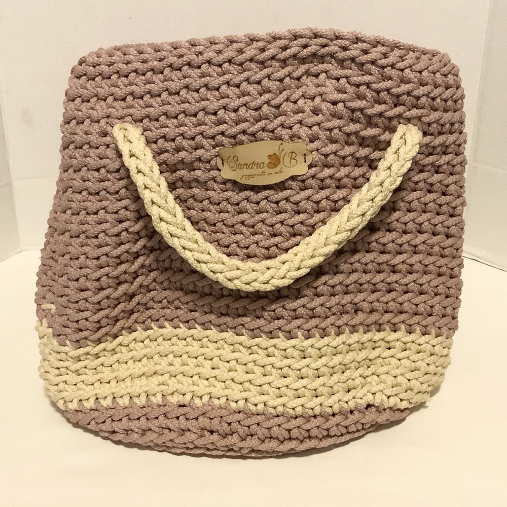 Sandra B Chunky Crochet Knit Purse Purple And Ivory Spacious